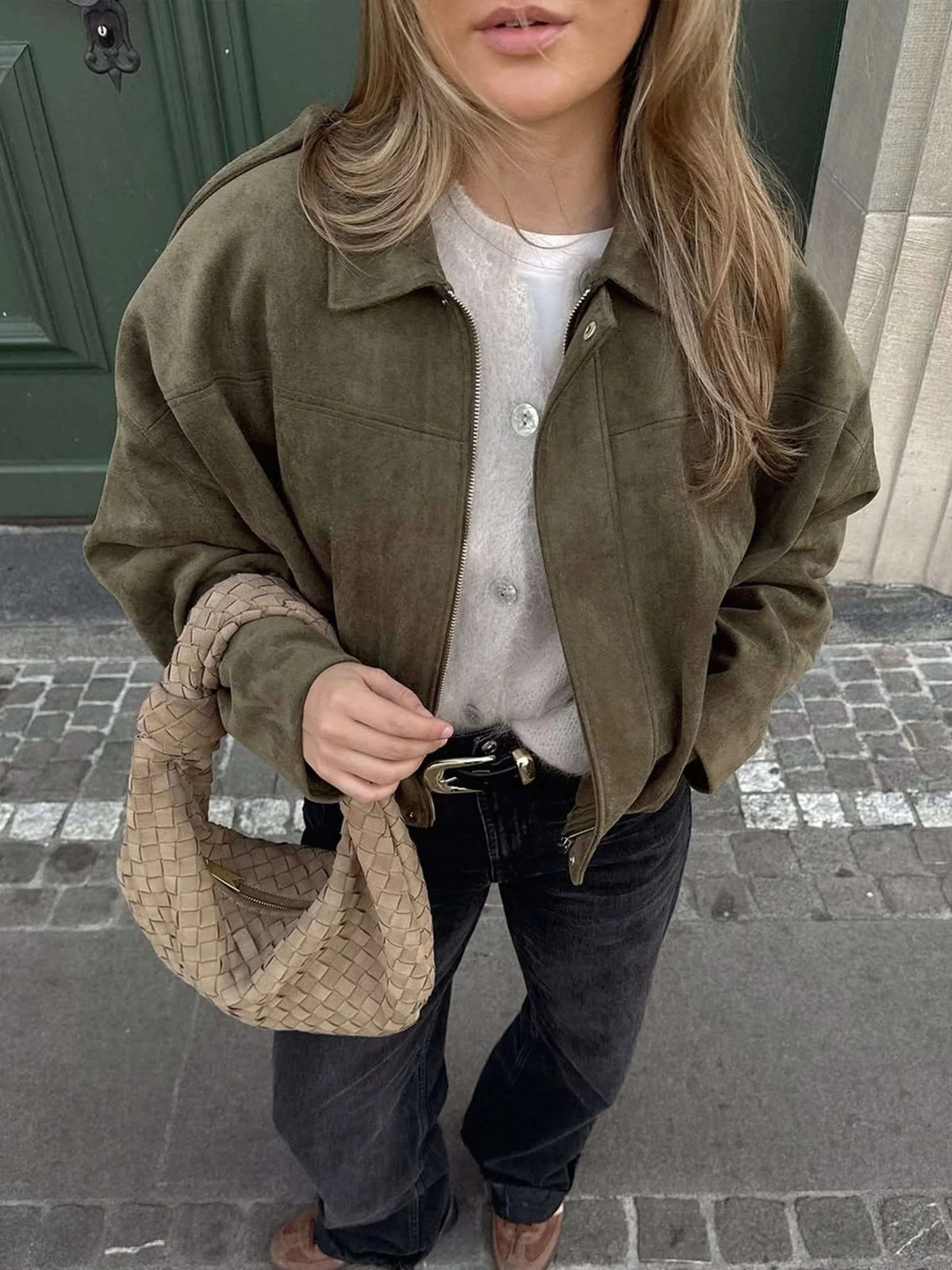 Fleur | Faux Suede Faux Fur Bomber Jacket Leather Trim