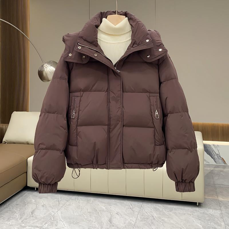 Henriette | Black Hooded Puffer Jacket Coat with Fur Hood — Brown