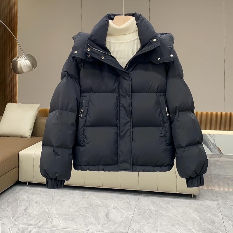 Henriette | Black Hooded Puffer Jacket Coat with Fur Hood — Black