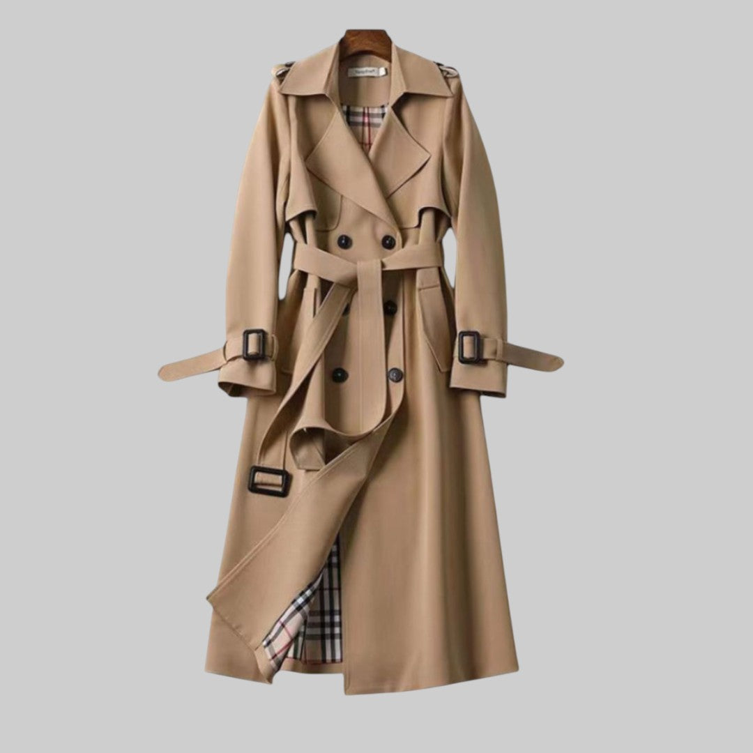 Elodie | Women Double Breasted Belted Long Trench Coat — Beige