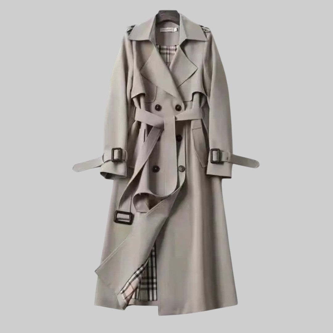 Elodie | Women Double Breasted Belted Long Trench Coat — Gray
