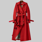 Elodie | Women Double Breasted Belted Long Trench Coat — Red