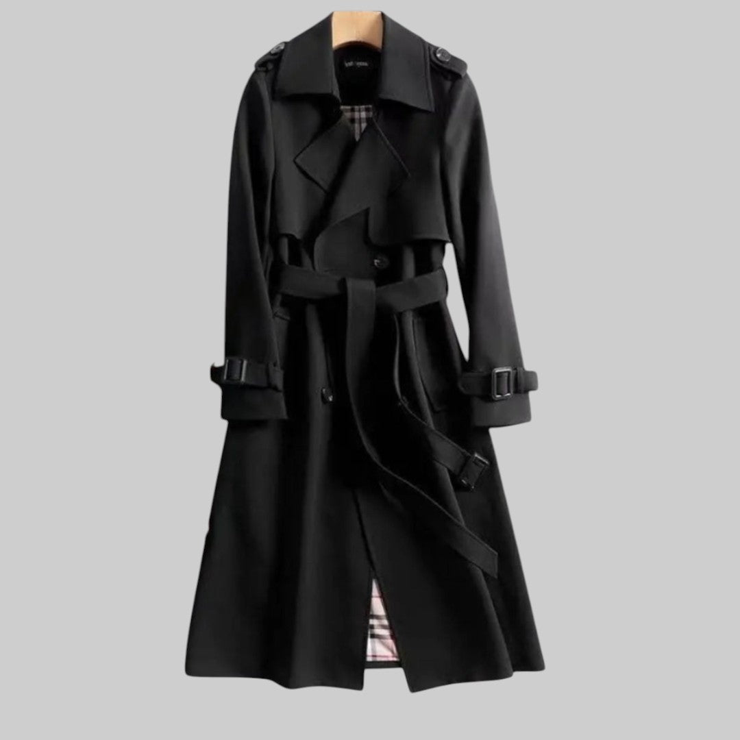 Elodie | Women Double Breasted Belted Long Trench Coat — Black
