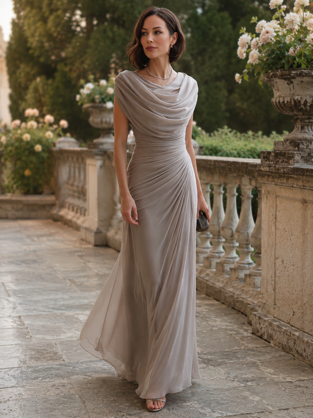 Rosalind | Draped Cowl Neck Ruched Maxi Evening Dress