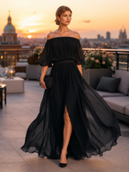 Floriane | Off-Shoulder Pleated Chiffon Maxi Evening Dress