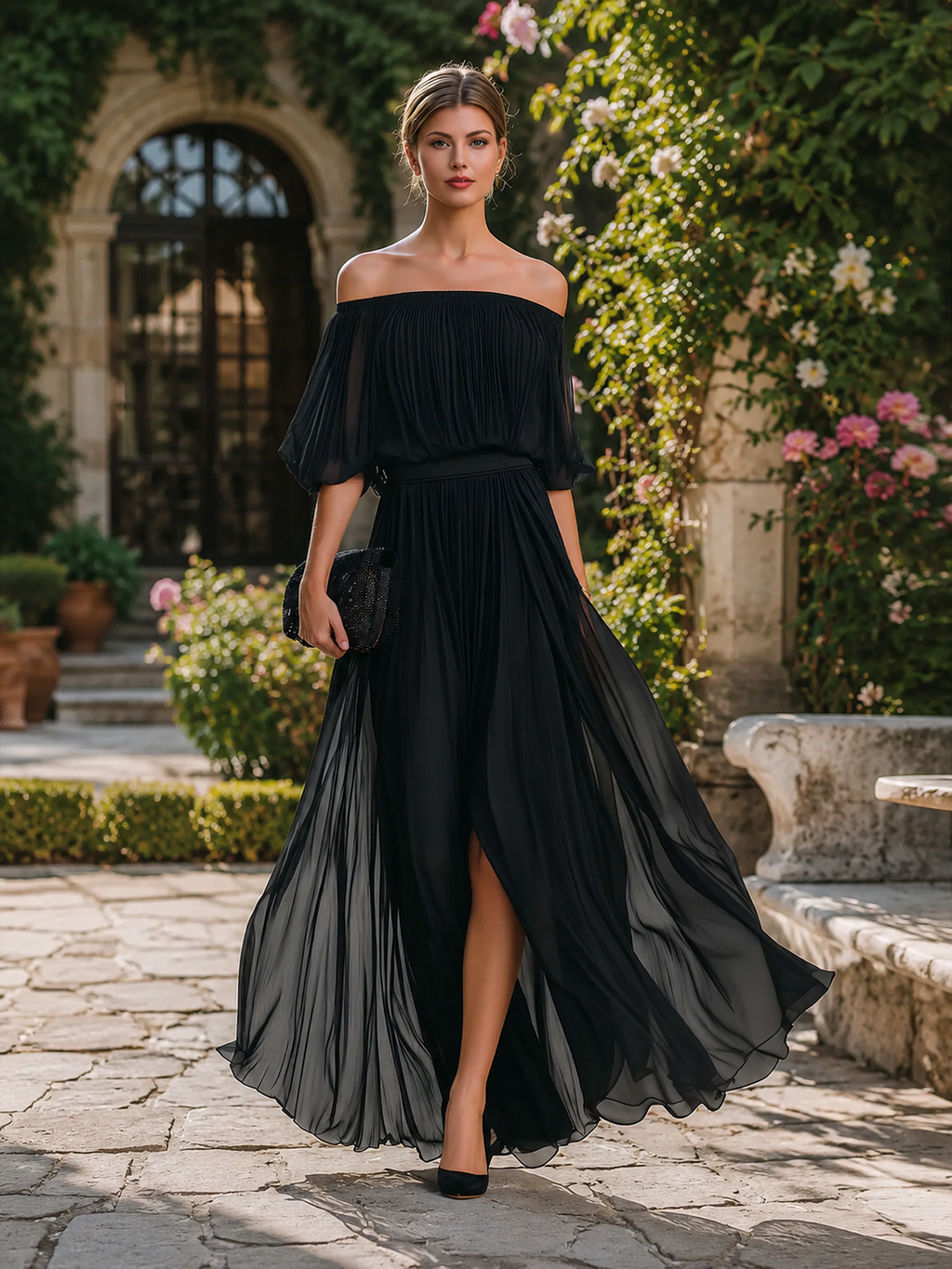 Floriane | Off-Shoulder Pleated Chiffon Maxi Evening Dress