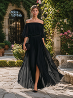 Floriane | Off-Shoulder Pleated Chiffon Maxi Evening Dress