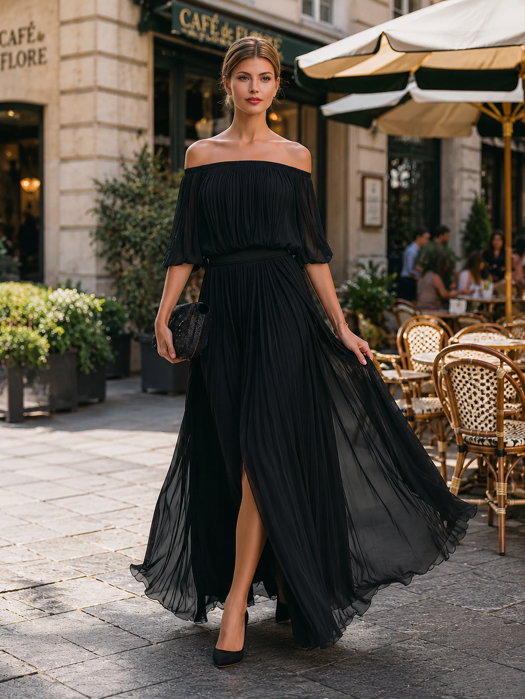 Floriane | Off-Shoulder Pleated Chiffon Maxi Evening Dress