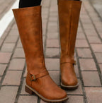 Manon | Black Leather Knee High Riding Boots With Ankle Strap — Brown