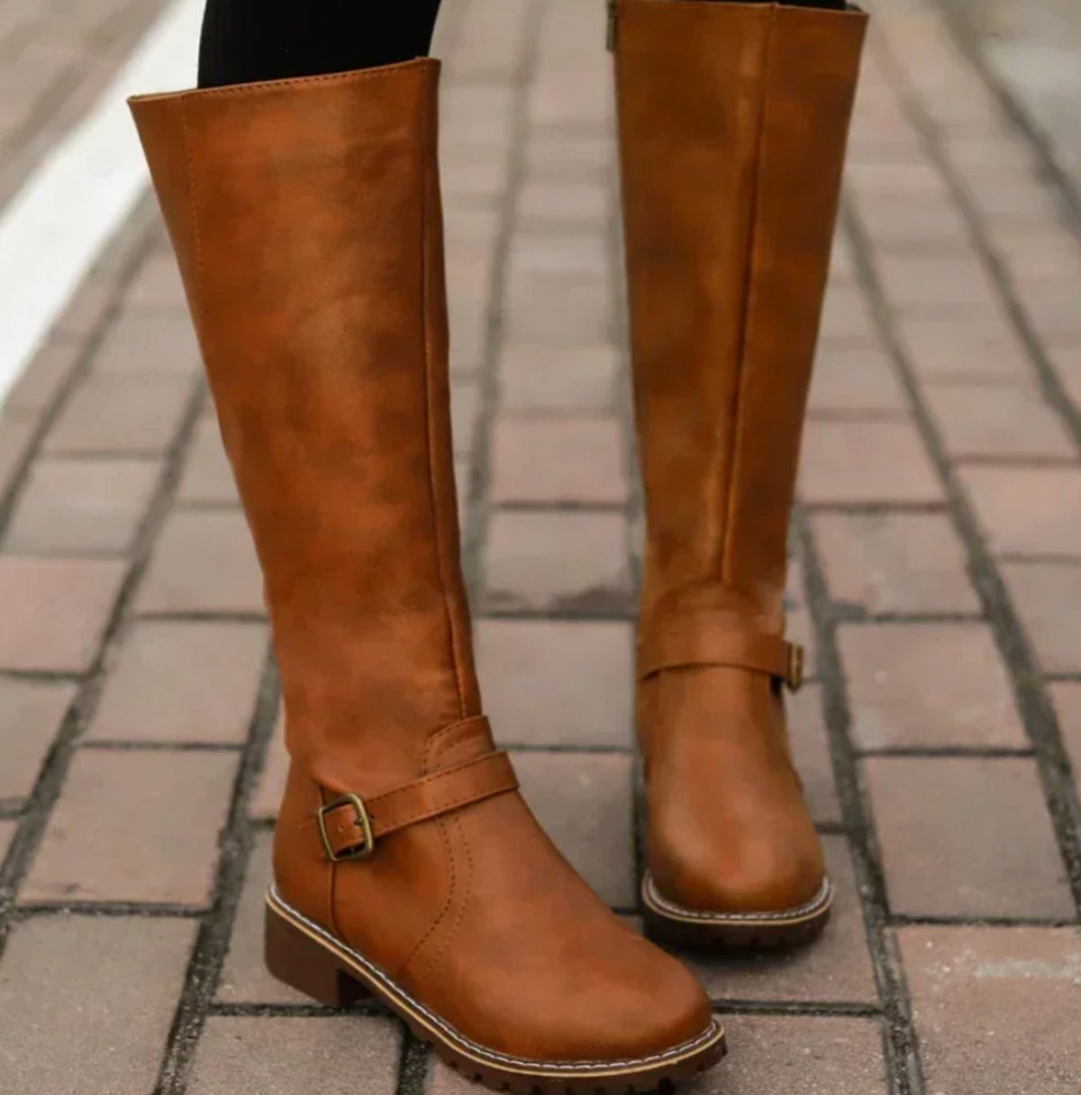 Manon | Black Leather Knee High Riding Boots With Ankle Strap — Brown