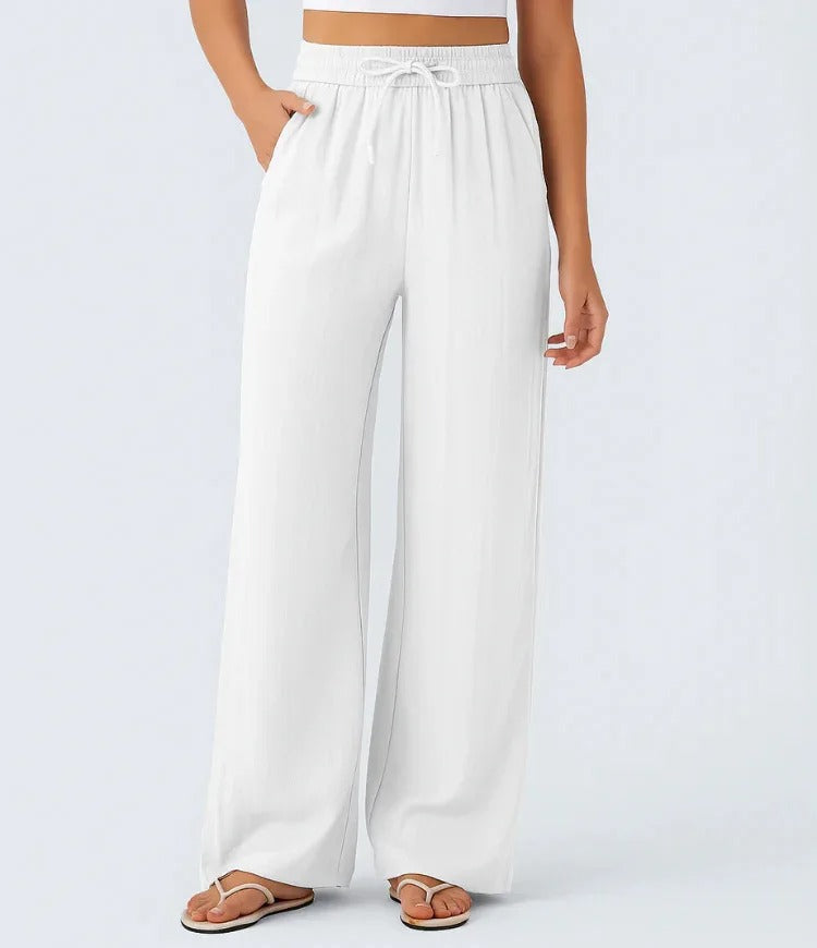 Edith | Ladies Wide Leg Linen Trousers High Waist Drawstring