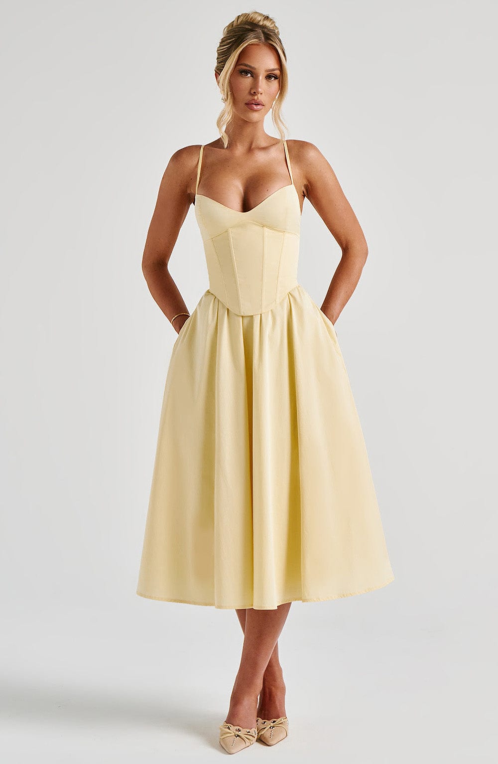 Zara | Lemon Babydoll Spaghetti Strap Corset Midi Dress