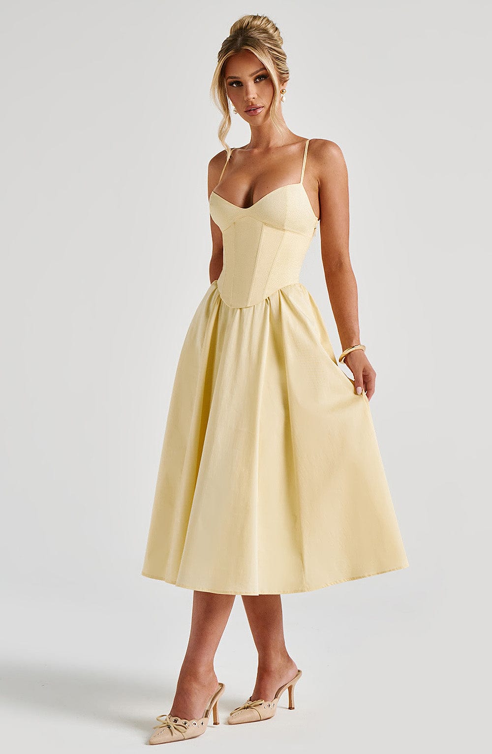 Zara | Lemon Babydoll Spaghetti Strap Corset Midi Dress
