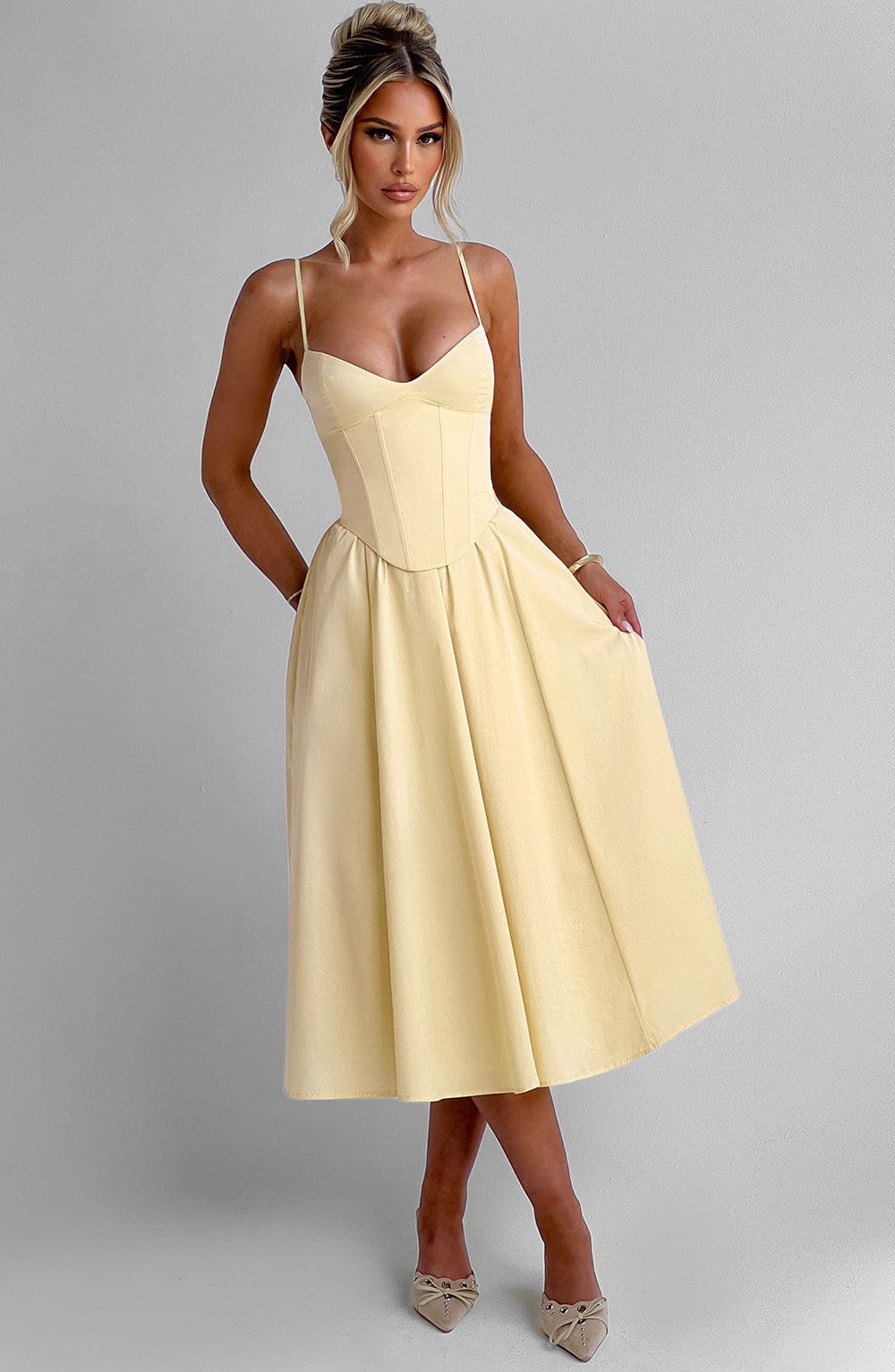 Zara | Lemon Babydoll Spaghetti Strap Corset Midi Dress