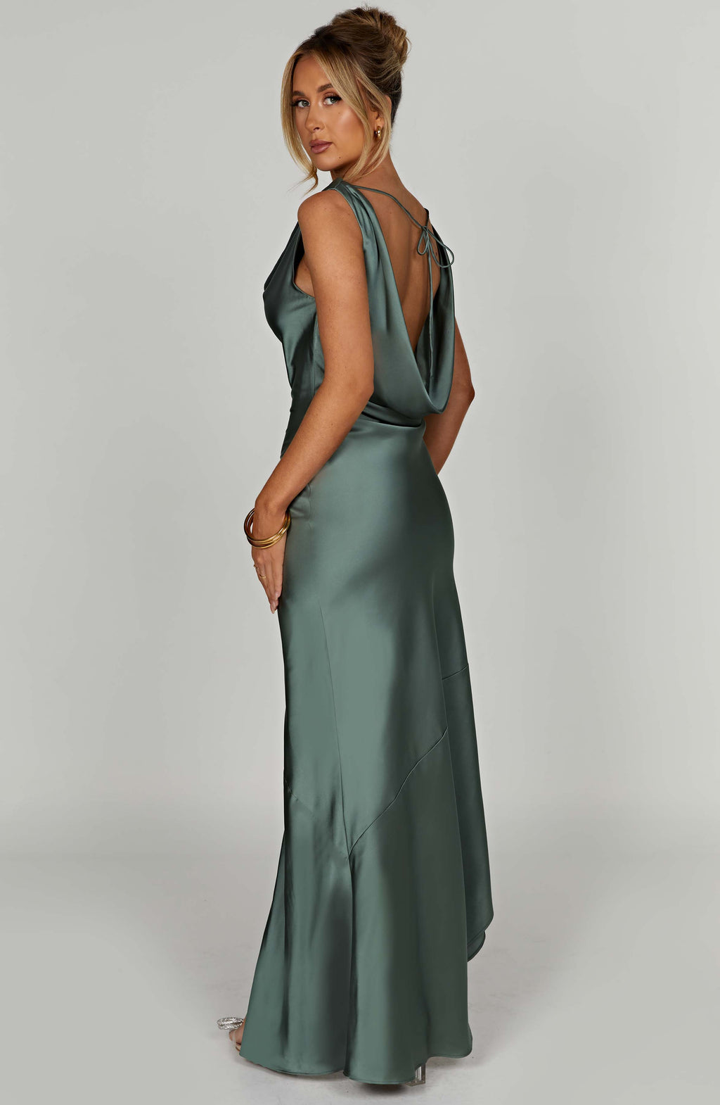 Evangeline | Draped Cowl Neck Satin Maxi Evening Dress