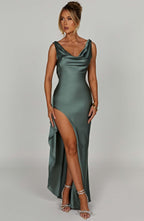Evangeline | Draped Cowl Neck Satin Maxi Evening Dress