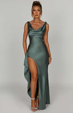 Evangeline | Draped Cowl Neck Satin Maxi Evening Dress