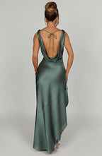 Evangeline | Draped Cowl Neck Satin Maxi Evening Dress