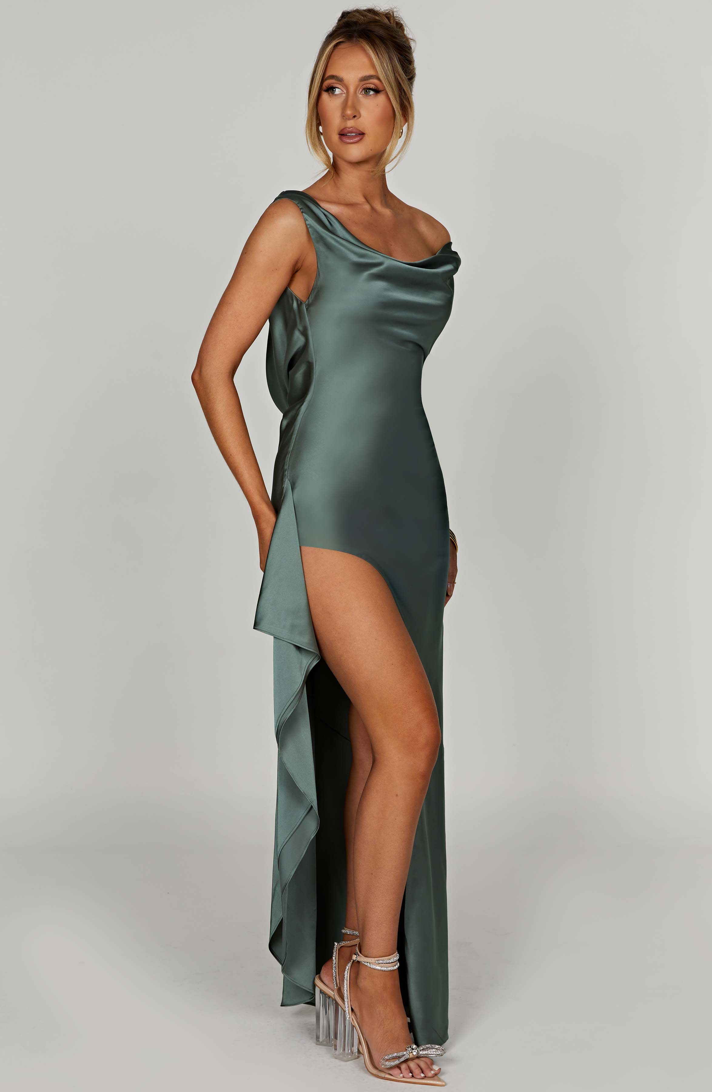 Evangeline | Draped Cowl Neck Satin Maxi Evening Dress