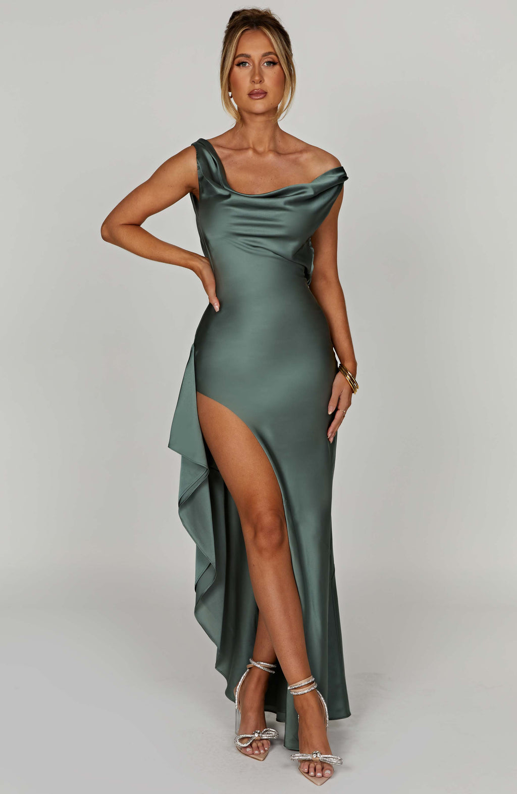 Evangeline | Draped Cowl Neck Satin Maxi Evening Dress