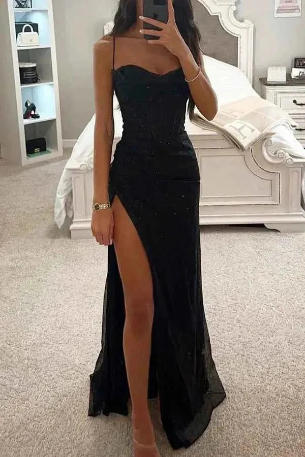 Floriane | Spaghetti Strap Corset Evening Dress With Leg Slit