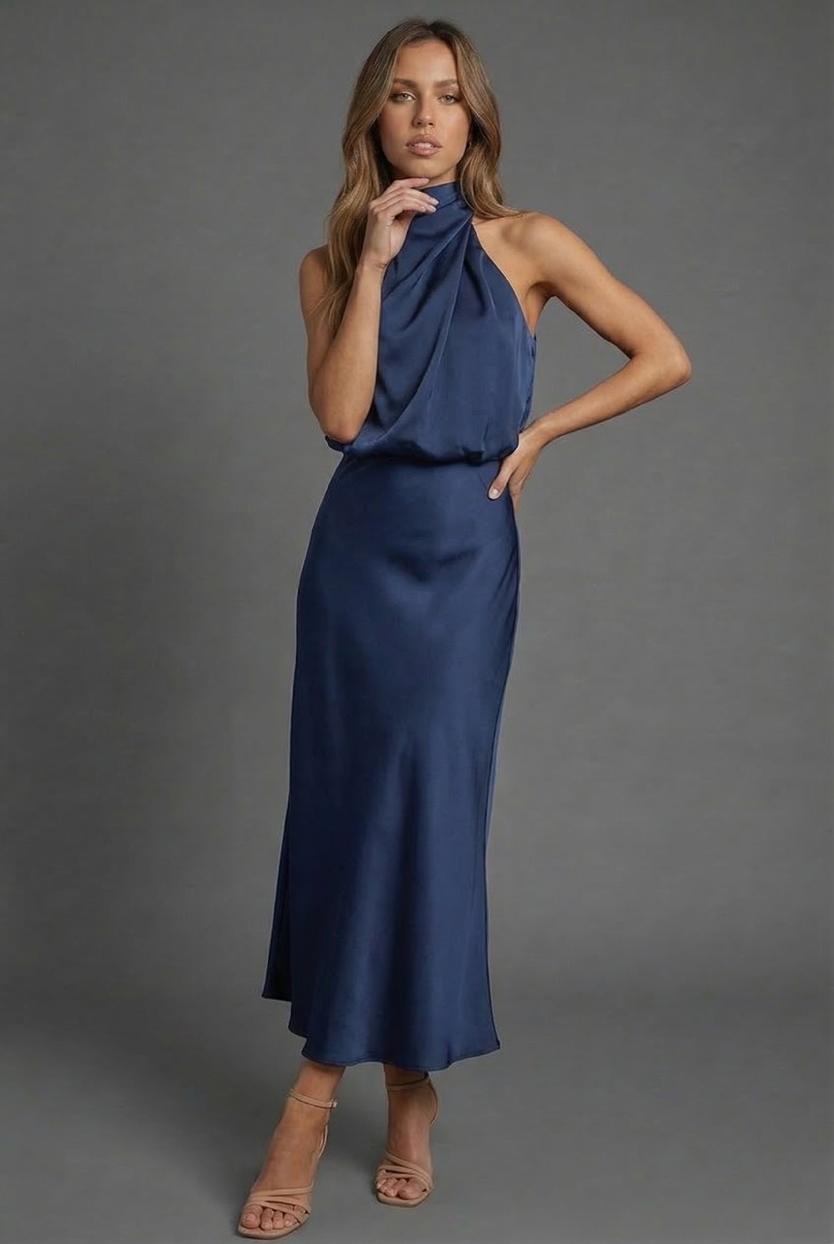 Sidonie | Summer Wedding Guest Dress Halter Neck Satin Midi