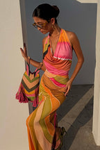 Bryony | Abstract Cowl Neck Halter Evening Dress