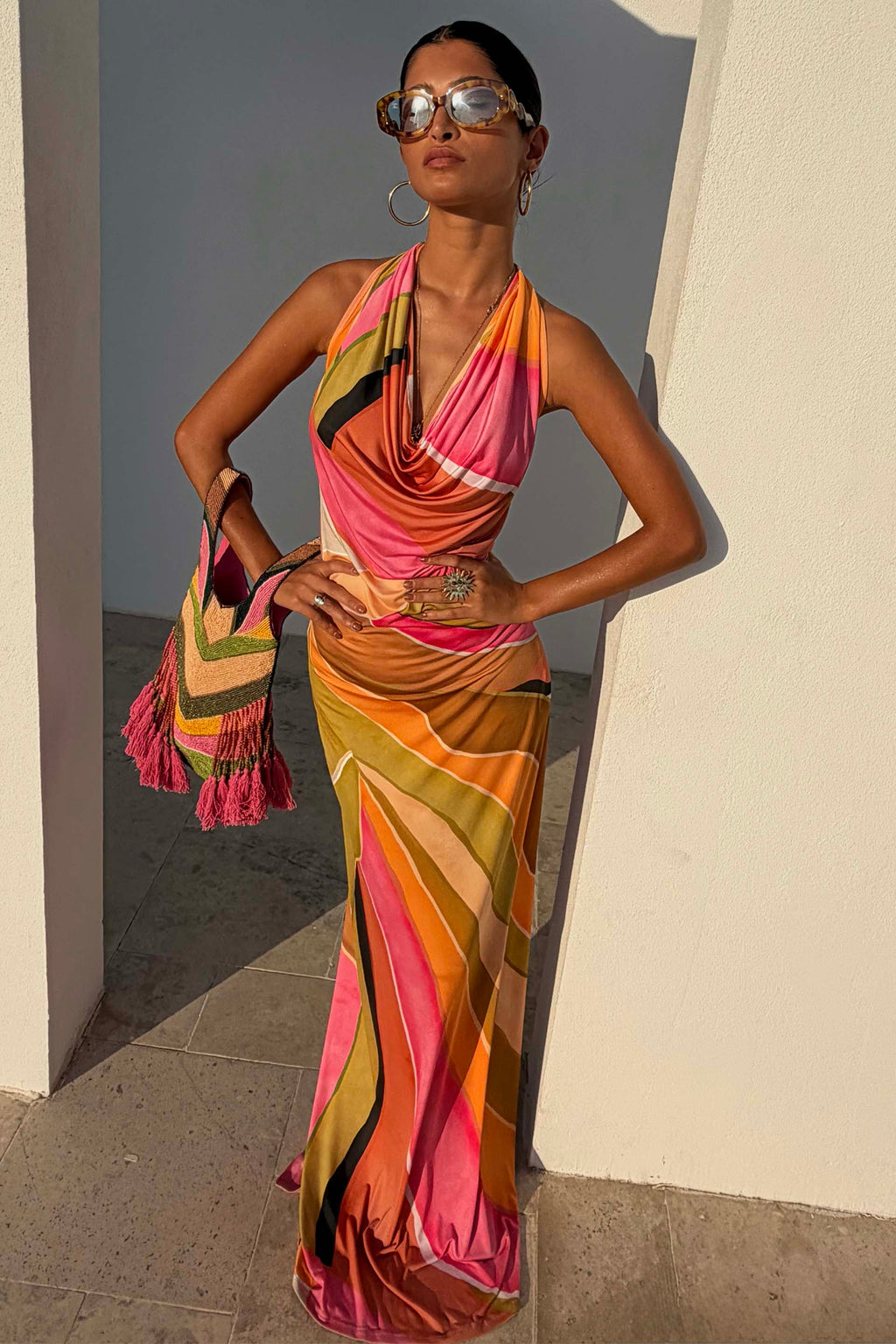 Bryony | Abstract Cowl Neck Halter Evening Dress