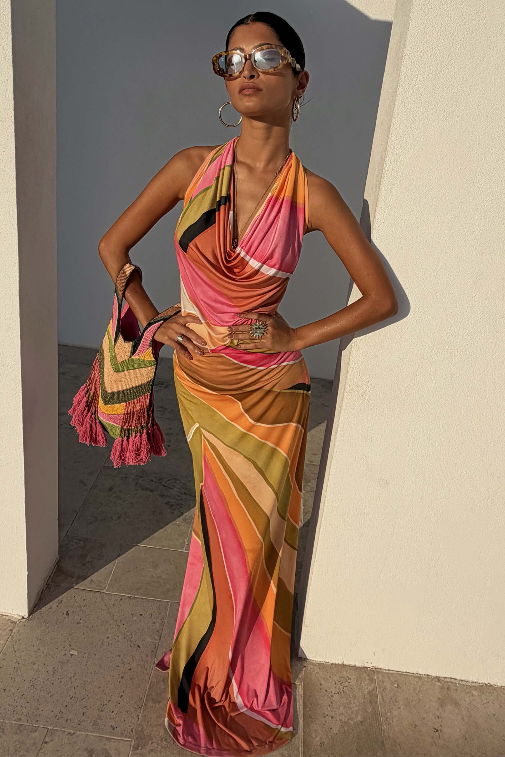 Bryony | Abstract Cowl Neck Halter Evening Dress