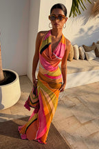 Bryony | Abstract Cowl Neck Halter Evening Dress