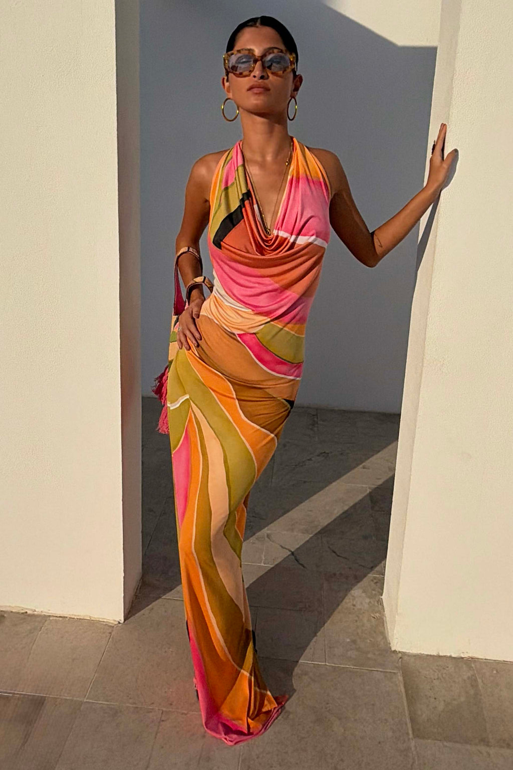 Bryony | Abstract Cowl Neck Halter Evening Dress