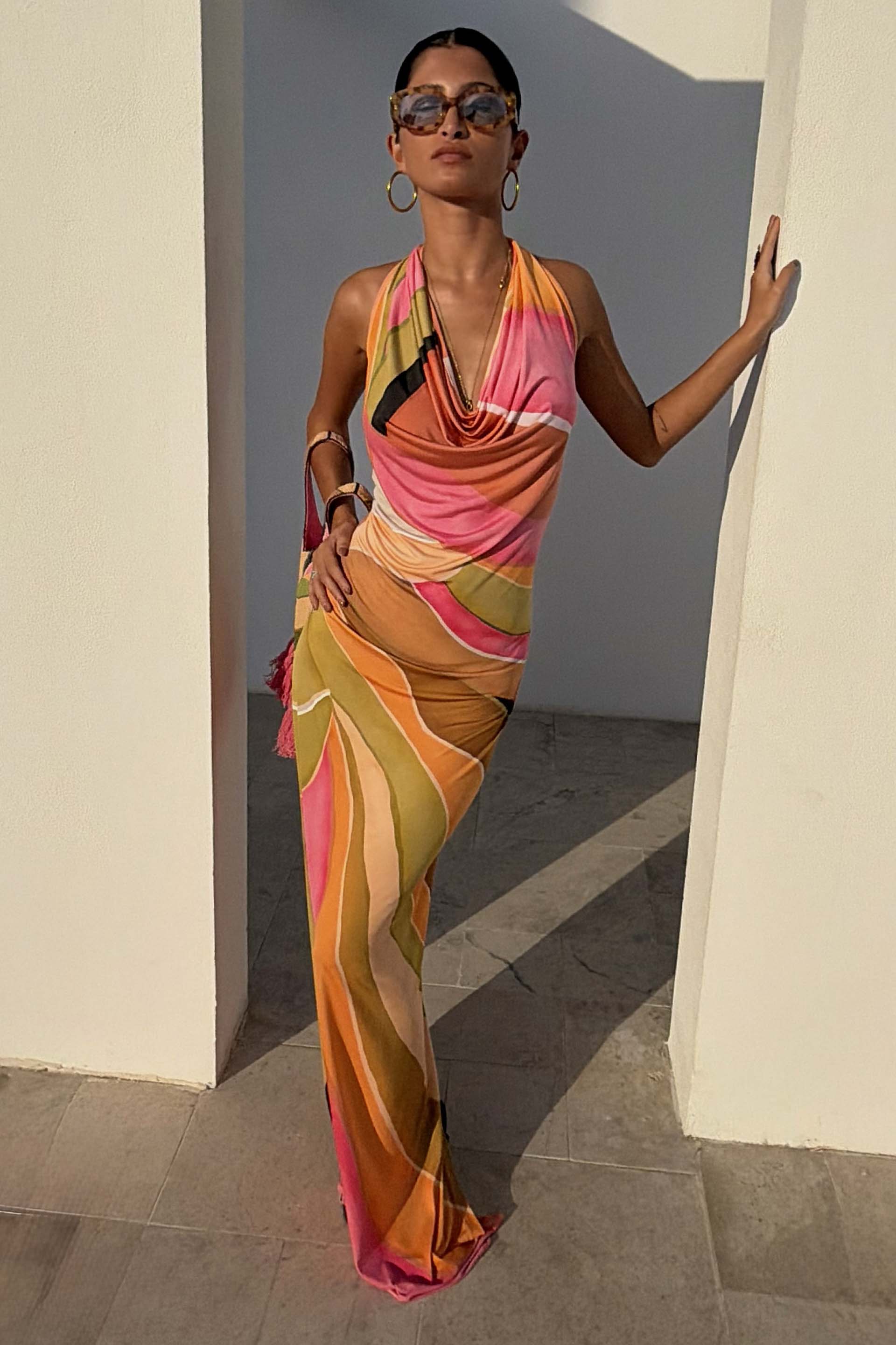 Bryony | Abstract Cowl Neck Halter Evening Dress