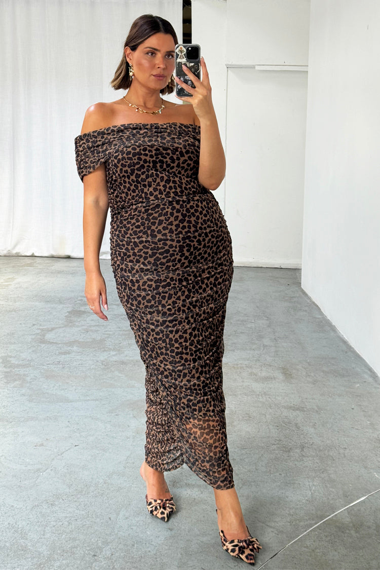 Liliana | Leopard Print Mesh Ruched Bodycon Dress With Slip