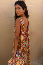 Delia | Cowl Neck Halter House Dress Brown Fawn Print