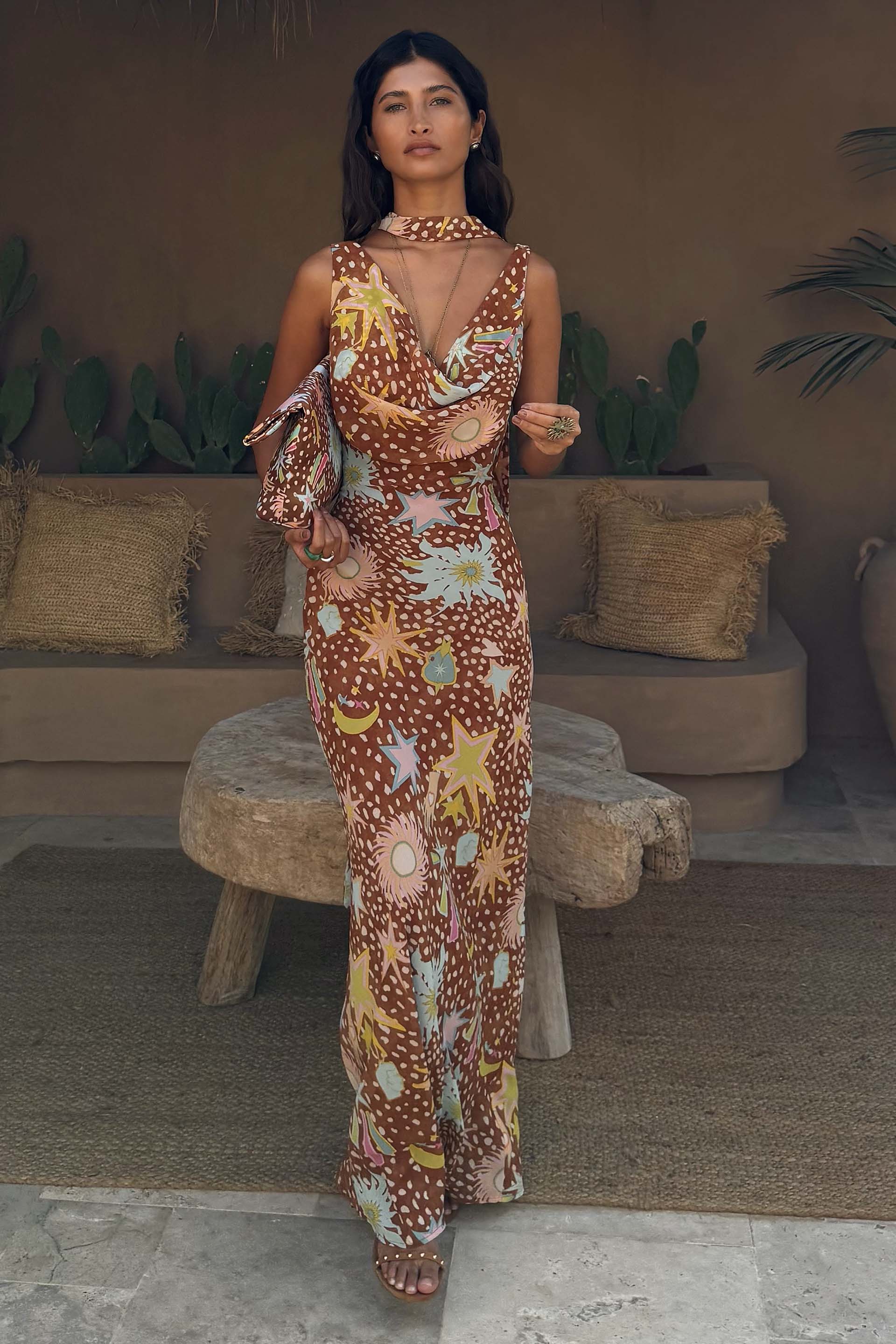 Delia | Cowl Neck Halter House Dress Brown Fawn Print