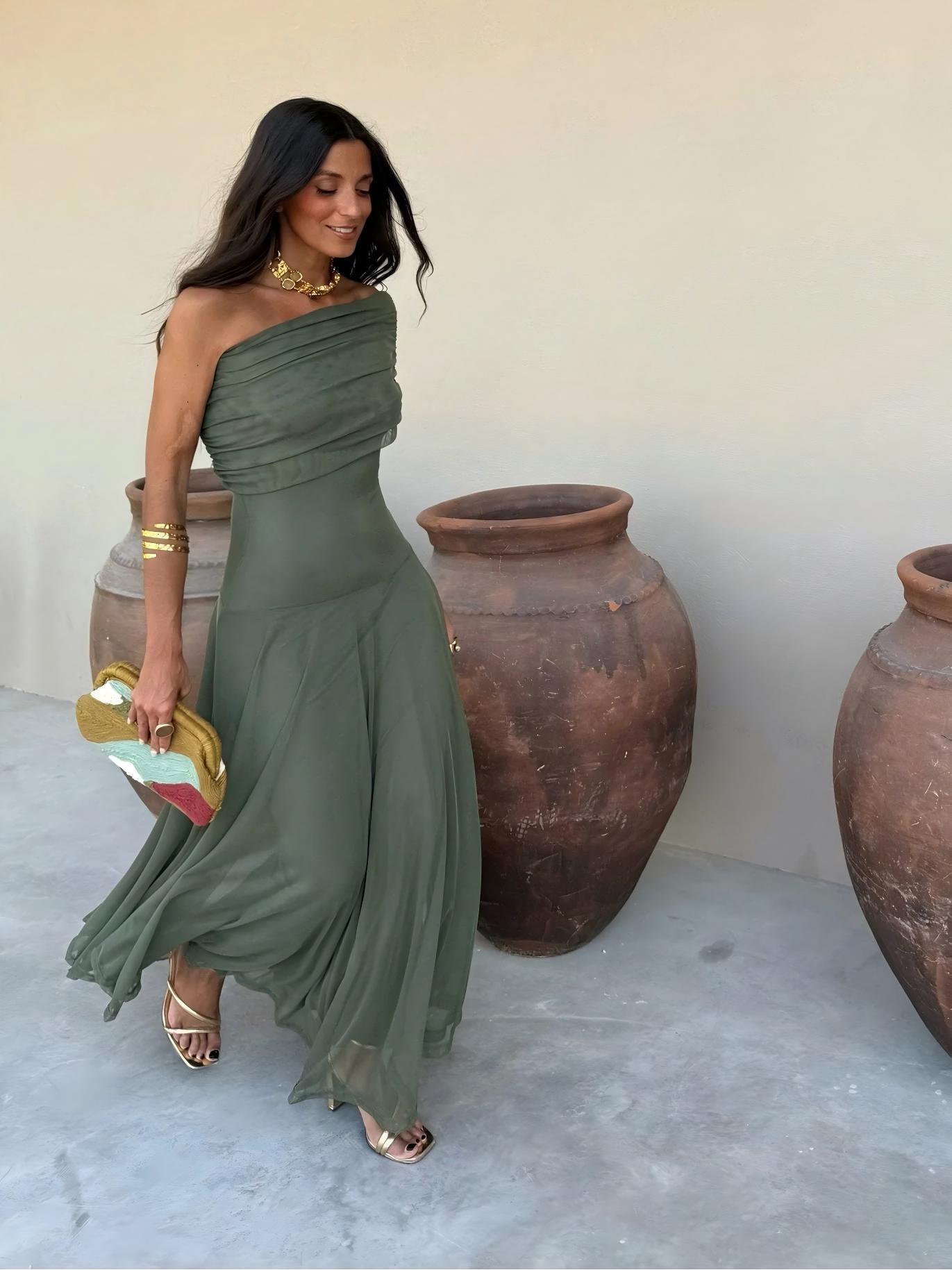 Coralie | One Shoulder Mesh Maxi Dress Evening Occasion