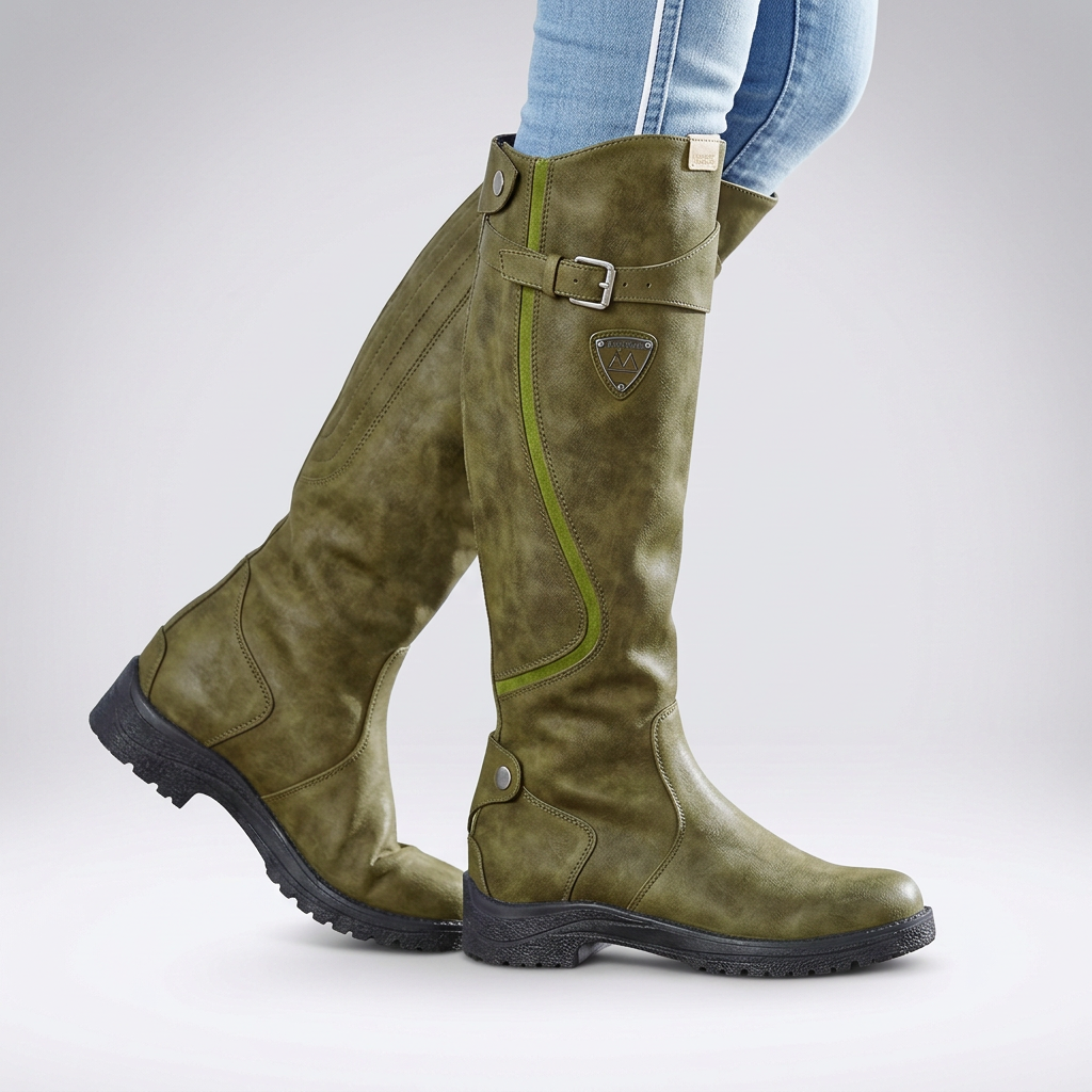 Constance | Wide Fit Knee High Platform Black Leather Boots — Green