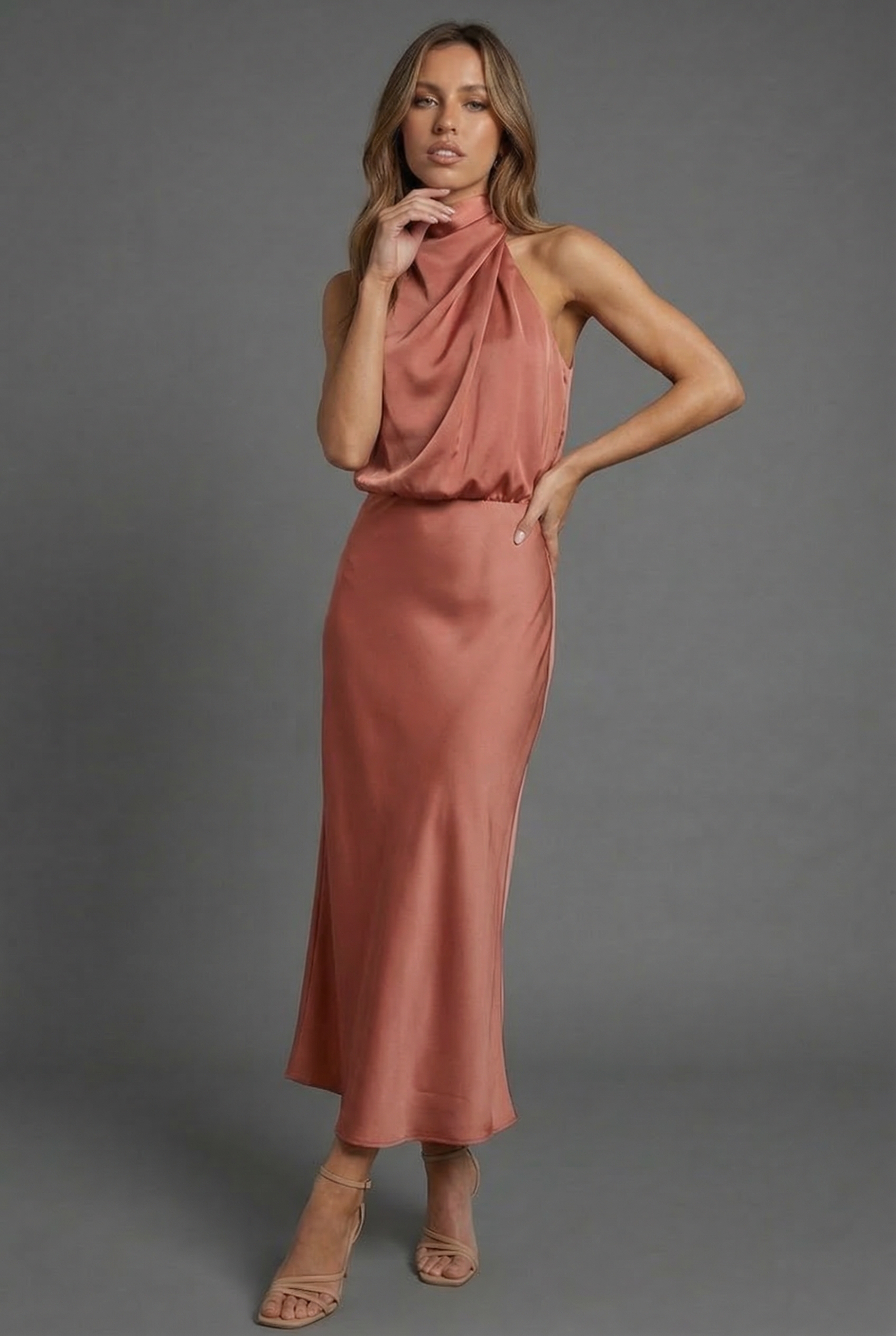 Sidonie | Summer Wedding Guest Dress Halter Neck Satin Midi