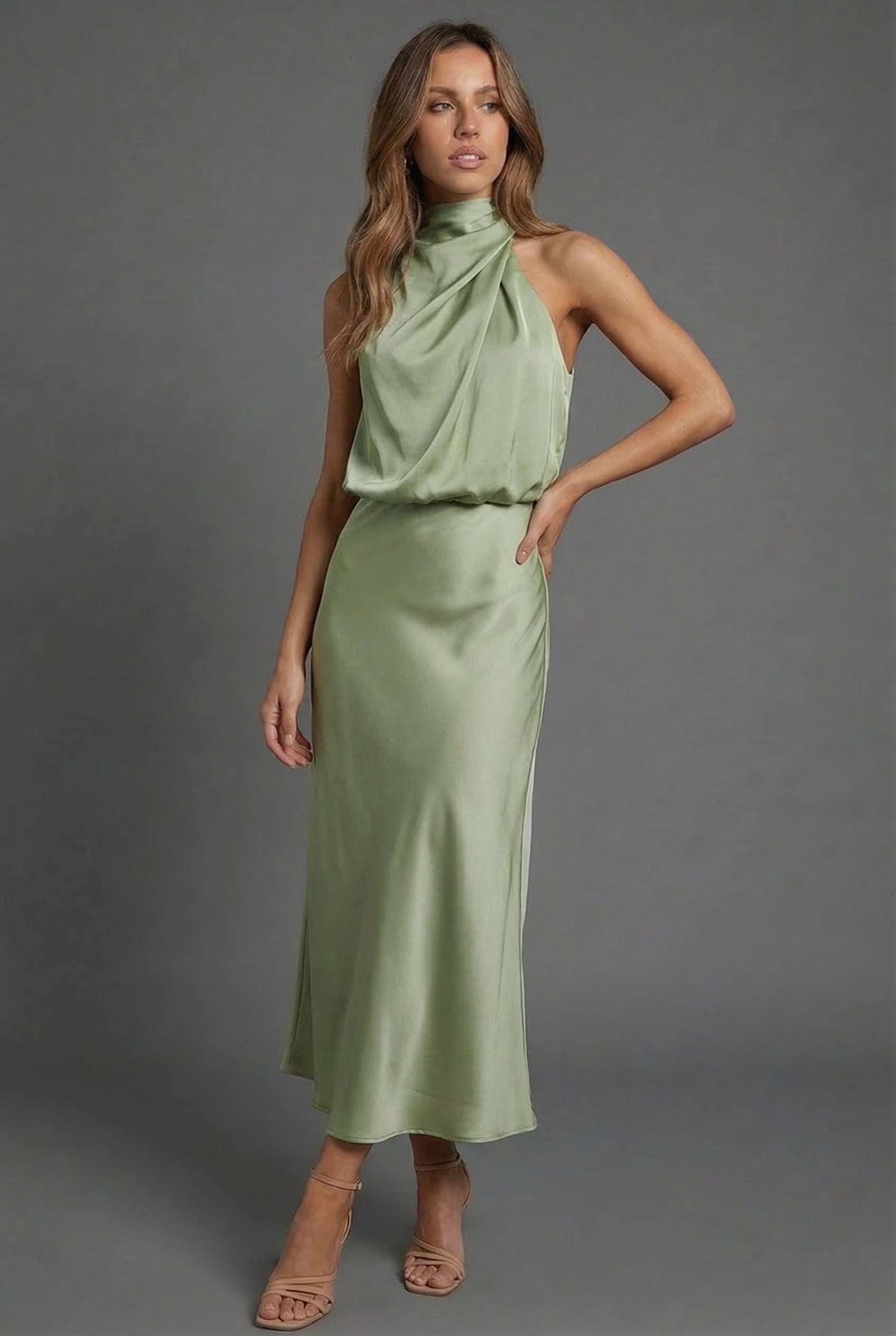 Sidonie | Summer Wedding Guest Dress Halter Neck Satin Midi