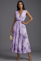 Bridget | Floral Pleated V-Neck Midi Bridesmaid Dresses