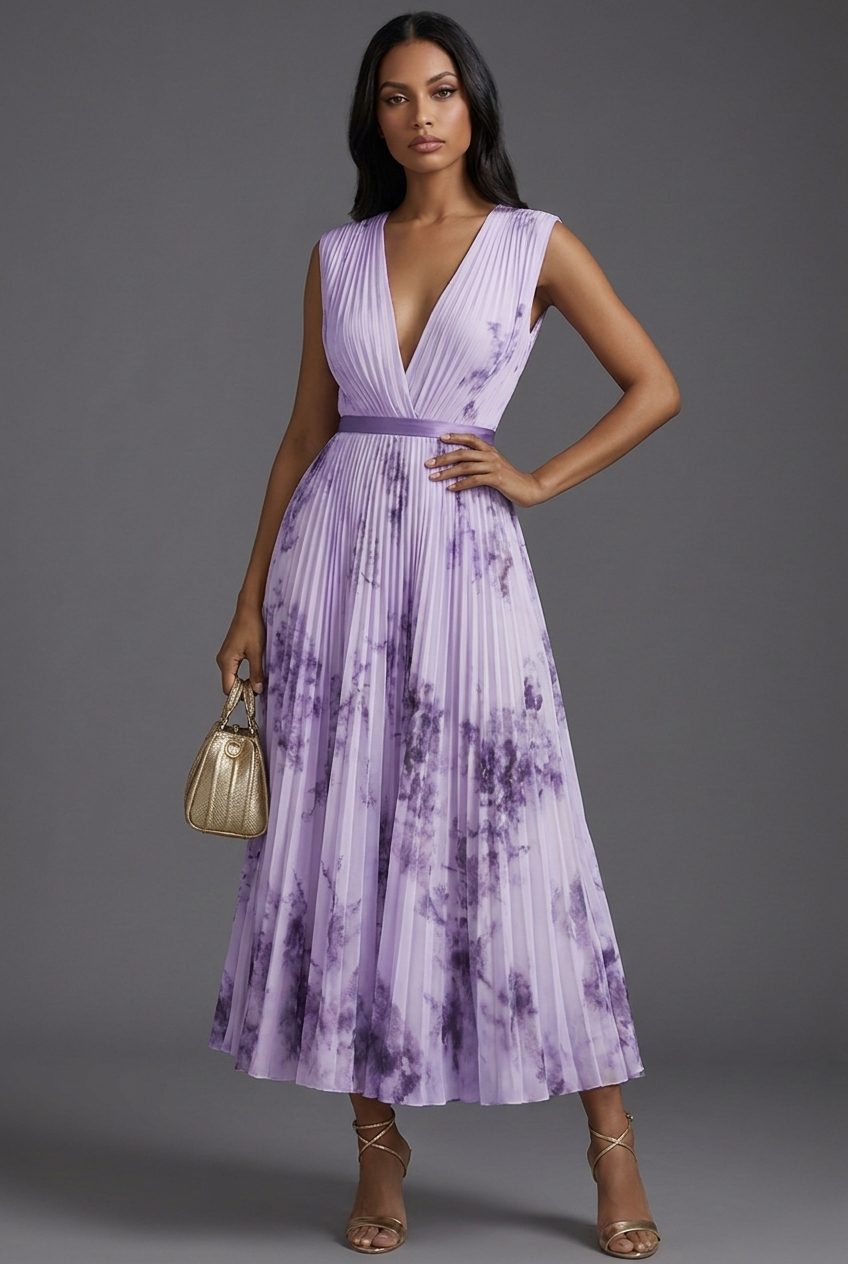 Bridget | Floral Pleated V-Neck Midi Bridesmaid Dresses