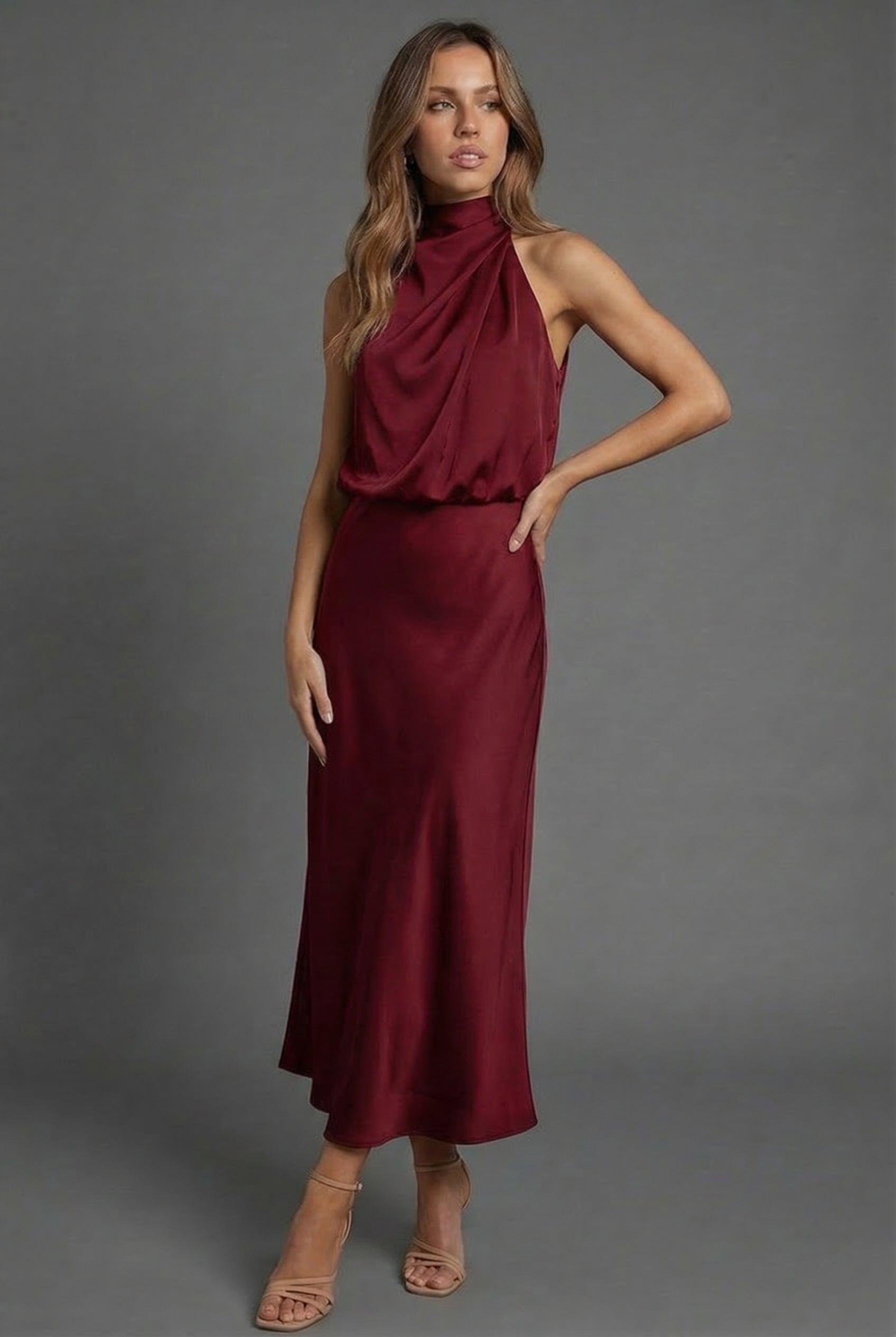 Sidonie | Summer Wedding Guest Dress Halter Neck Satin Midi