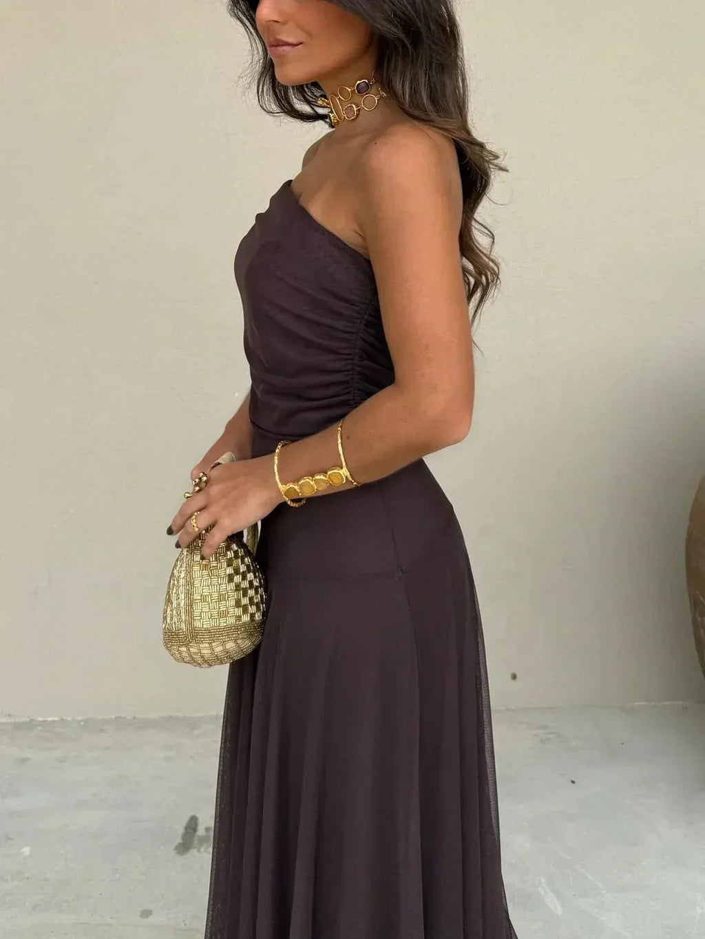 Katarina | Chocolate Off Shoulder Maxi Dress Occasion Wear