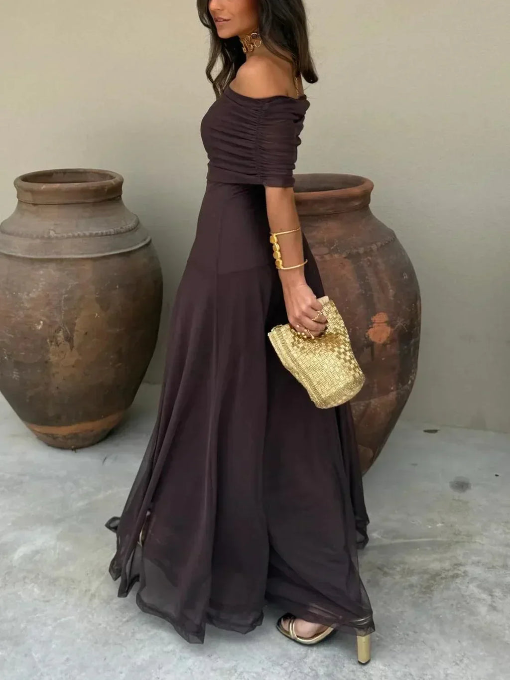 Katarina | Chocolate Off Shoulder Maxi Dress Occasion Wear