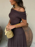 Katarina | Chocolate Off Shoulder Maxi Dress Occasion Wear