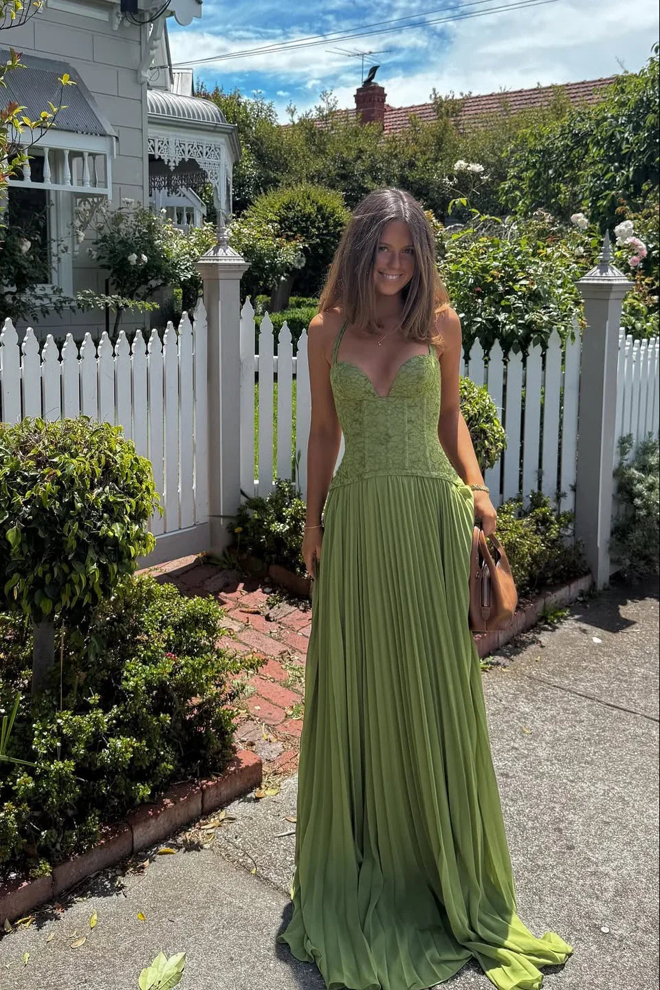 Xanthe | Sage Green Pleated Corset Maxi Evening Dress