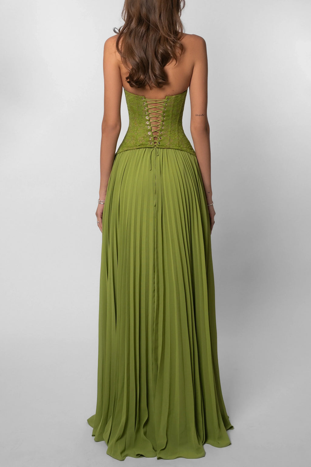 Xanthe | Sage Green Pleated Corset Maxi Evening Dress