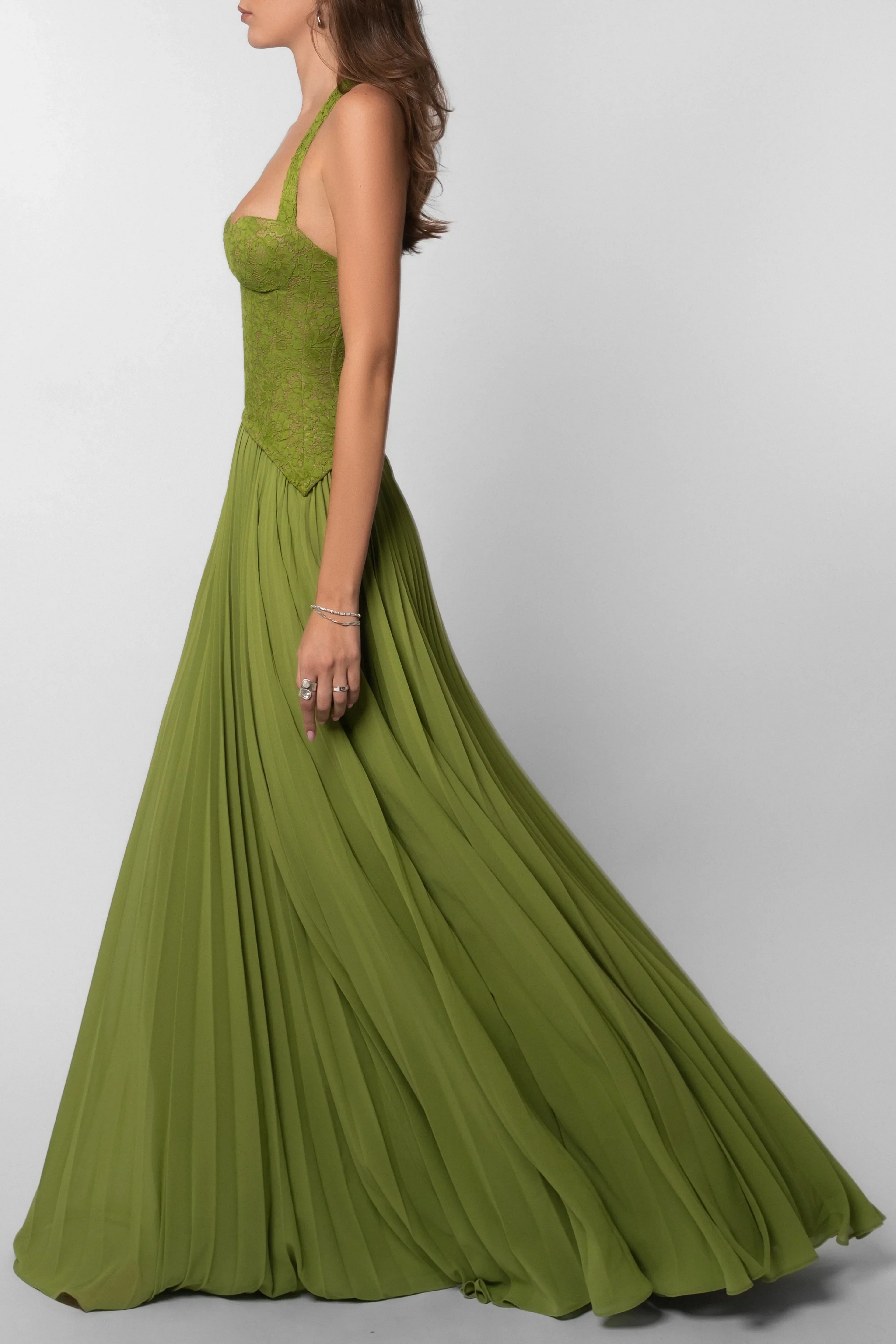Aurelia | Pleated Corset Maxi Dress Green Occasion Wear