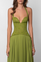 Aurelia | Pleated Corset Maxi Dress Green Occasion Wear