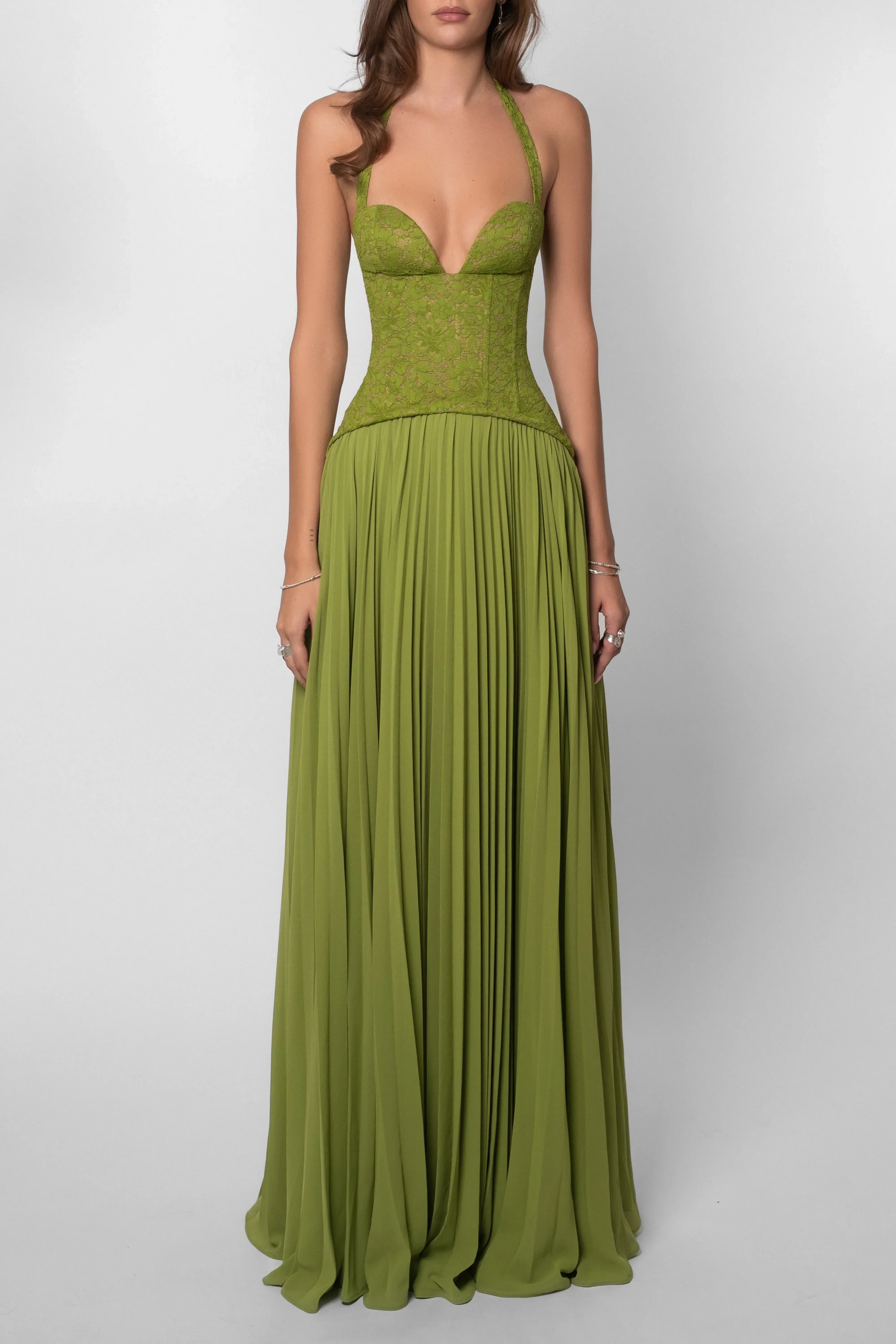 Aurelia | Pleated Corset Maxi Dress Green Occasion Wear